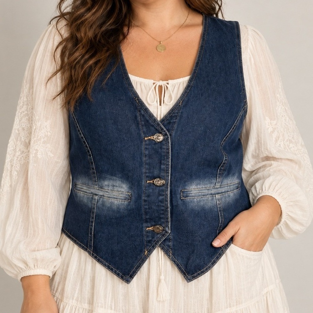Dark Wash Denim Vest XL Button Front Faded Blue Jean Waistcoat Sleeveless Jacket